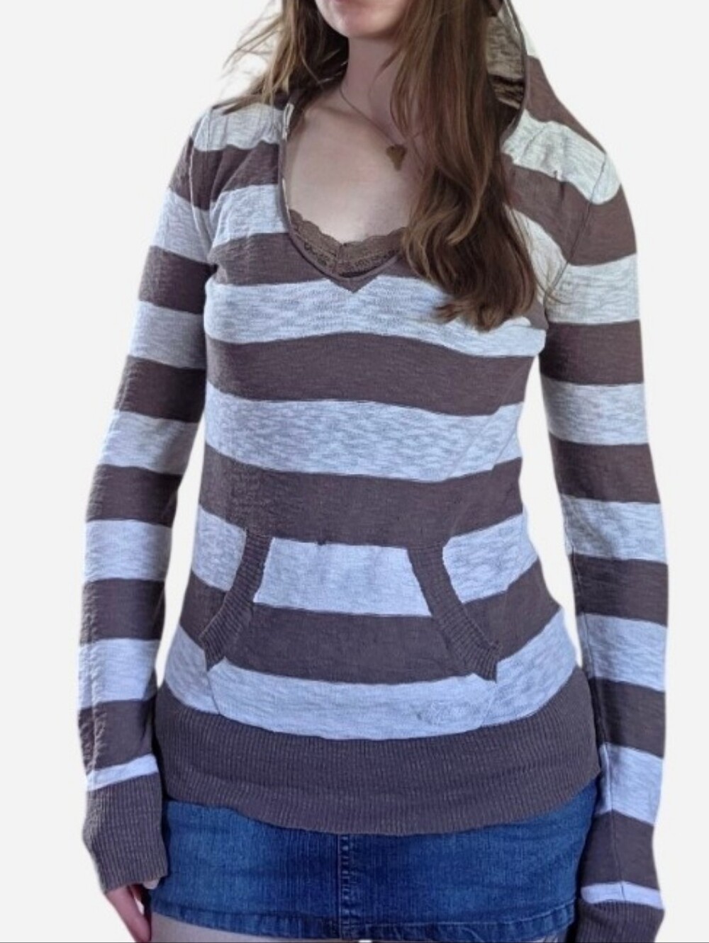 Kismet 2000s Cotton Striped V-Neck Hooded Sweater in Brown and Cream
